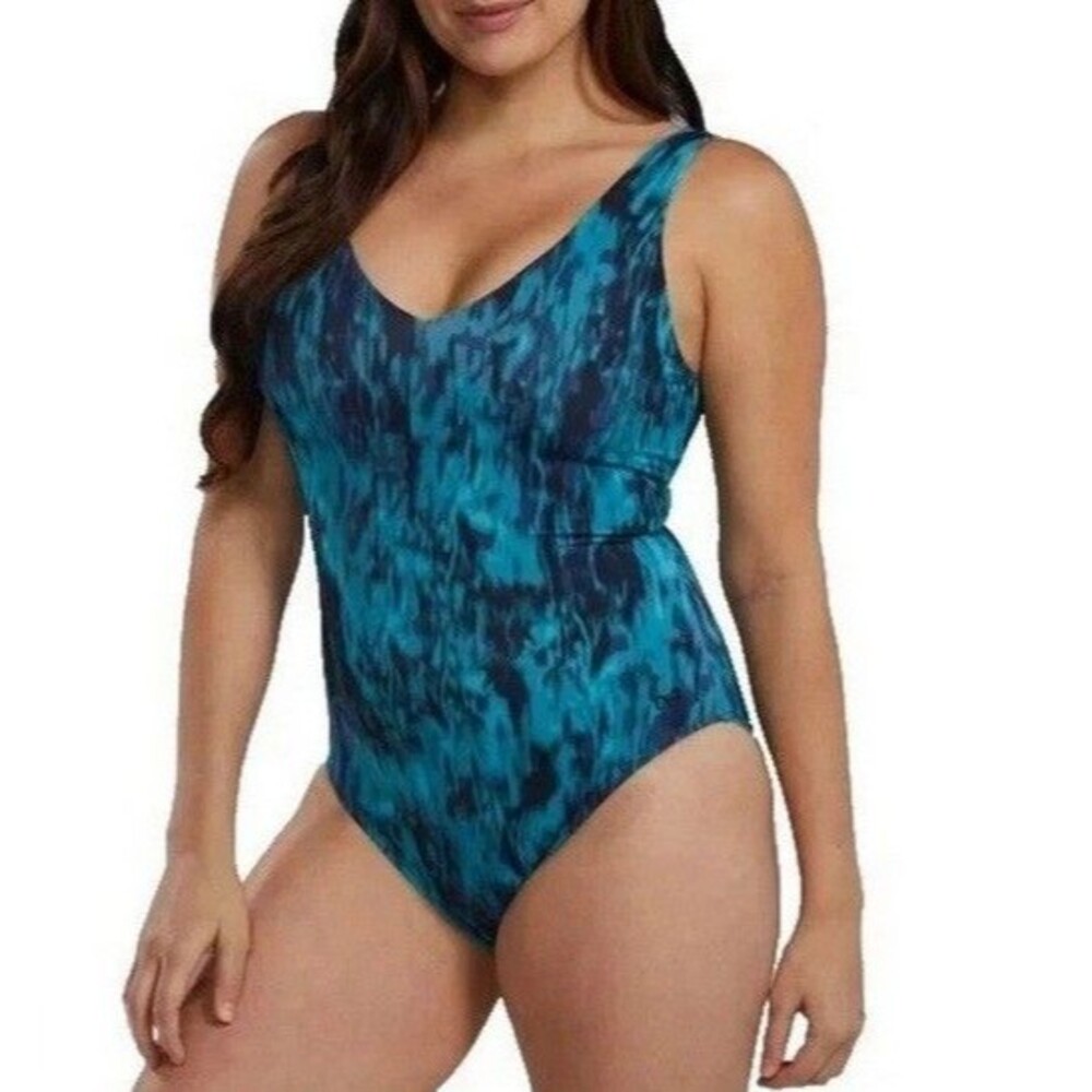 TYR One-Piece Swimsuit UPF 50+ Green Multicolored Geometric Small NWT